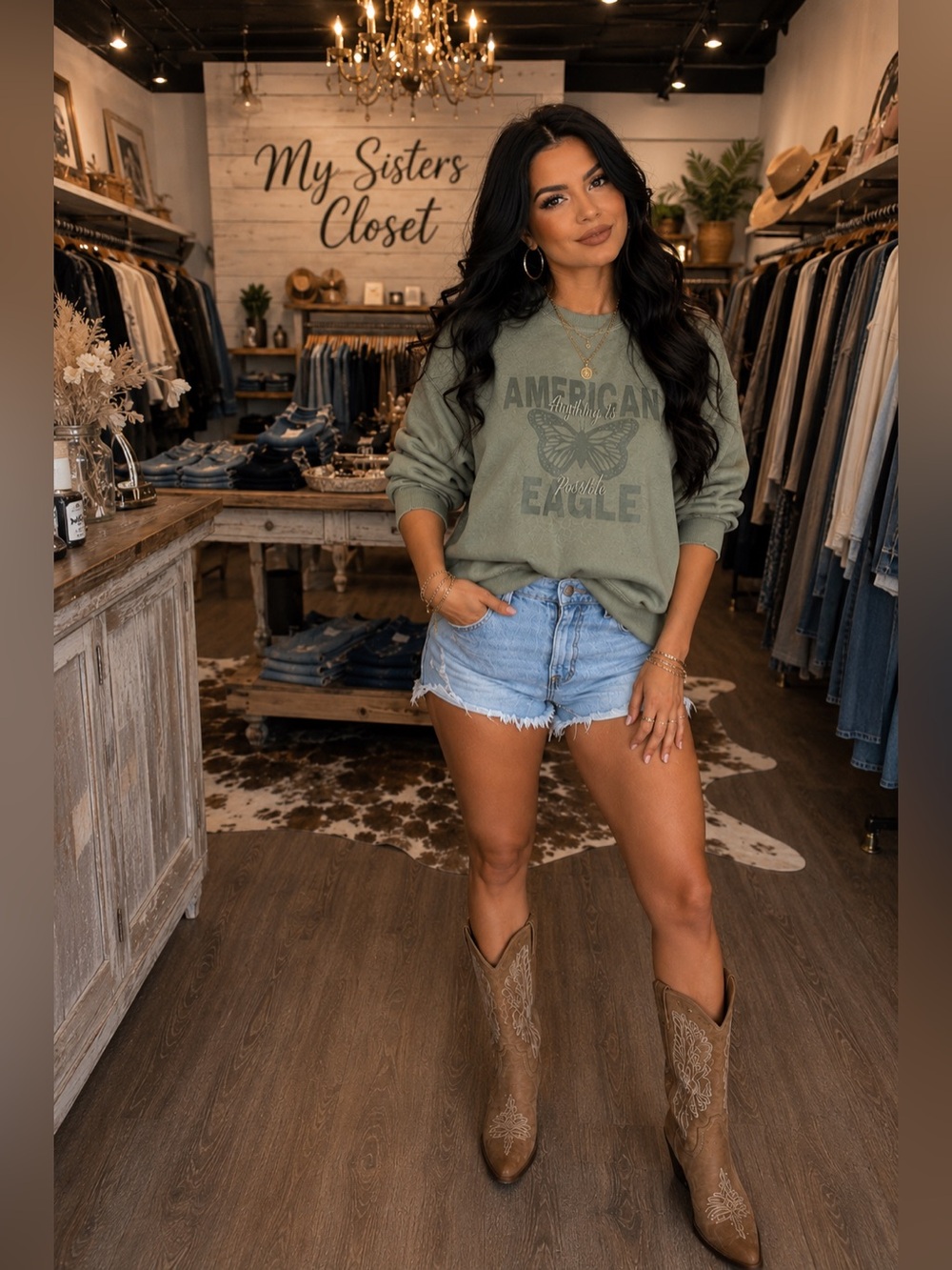 American Eagle Outfitters sage green crewneck with butterfly logo